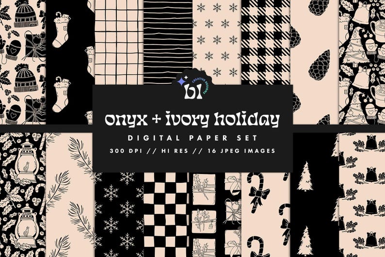 May include: A digital paper pack with 16 holiday themed patterns in black and ivory. The patterns include snowflakes, plaid, stripes, and illustrations of Christmas trees, ornaments, and candy canes. The text "onyx + ivory holiday" and "DIGITAL PAPER SET" is included in the image.
