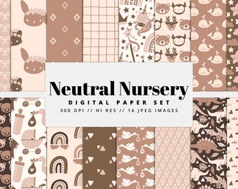 Neutral Nursery Digital Paper Set, Seamless Textures, Boho Baby Patterns, Childrens Patterns, Rainbow Patterns, Printable, Commercial Use