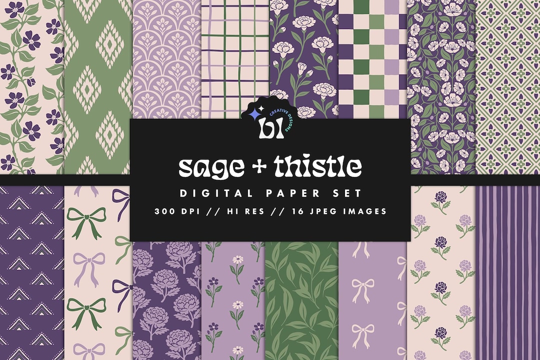 Green and Purple Spring Digital Paper Set, Seamless Textures, Boho ...