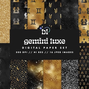 Zwart-goud Gemini digitaal papier, sterrenbeeldpatroon, horoscoop plakboekpapier, sterrenbeeld achtergrond, naadloze textuur, Instant Download