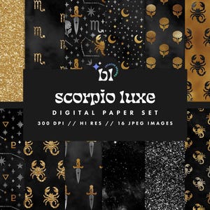 Zwart en goud Schorpioen digitaal papier, sterrenbeeldpatroon, horoscoop plakboekpapier, sterrenbeeld achtergrond, naadloze textuur, Instant Download