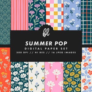 May include: A digital paper set featuring various floral and geometric patterns in bright colors. The designs include flowers, stripes, and checks. The text "SUMMER POP DIGITAL PAPER SET" is displayed on a black background.