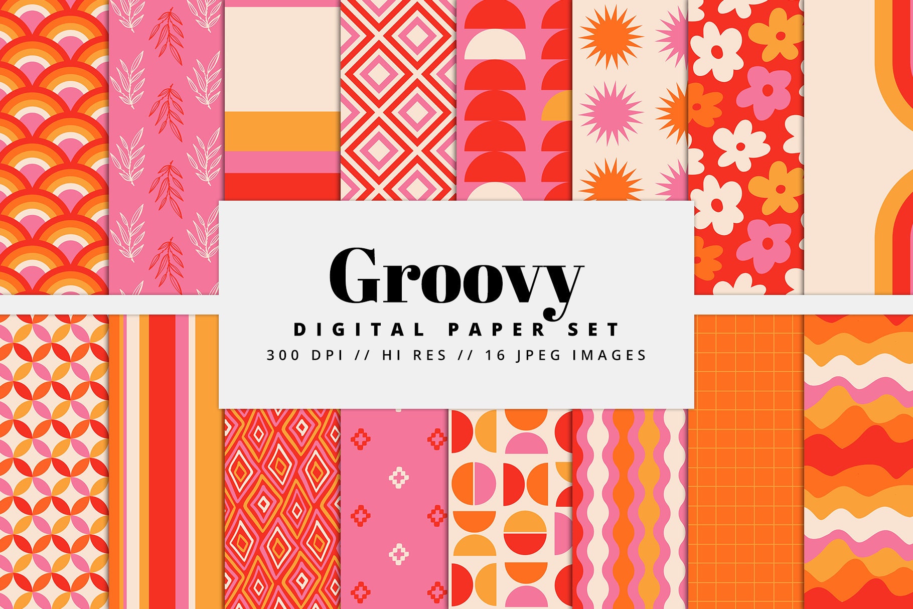 Retro Digital Paper Set, Seamless Textures, 70s Patterns, Vintage Patterns, Trendy Patterns, Printable, Commercial Use