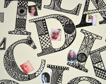 May include: Black and white patterned letters with photos of people in the centre of each letter. The letters spell out the word "THANK YOU".