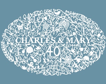 May include: White paper cut-out design of a floral wreath with the text "Charles & Mary 40 Years April 1974" in the centre.
