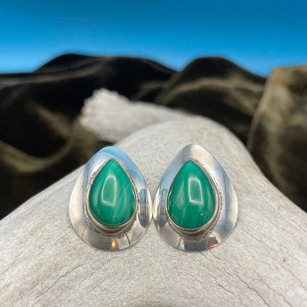 Sterling Silver and Malachite Teardrop  Earrings, Signed RWG  Navajo 1970s~Gift Box