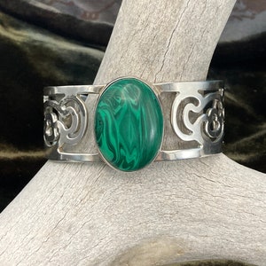 Vintage Taxco Sterling Silver Malachite Cuff Bracelet: Open-work Swirl Design