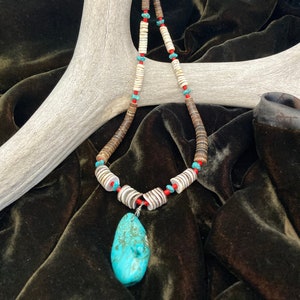 Graduated Natural Shell Heishi~Pipestone~Coral & Turquoise Necklace~Large Turquoise Nugget Drop~20 inches~Santo Domingo Kewa~Magnificent