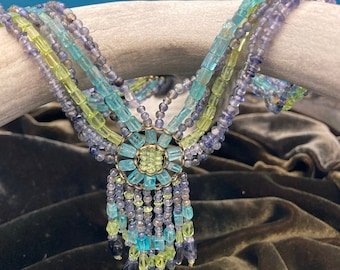 Satellite Paris Gemstone Flapper Bib Necklace Six Strands with Tassel: Amethyst, Peridot, Apatite