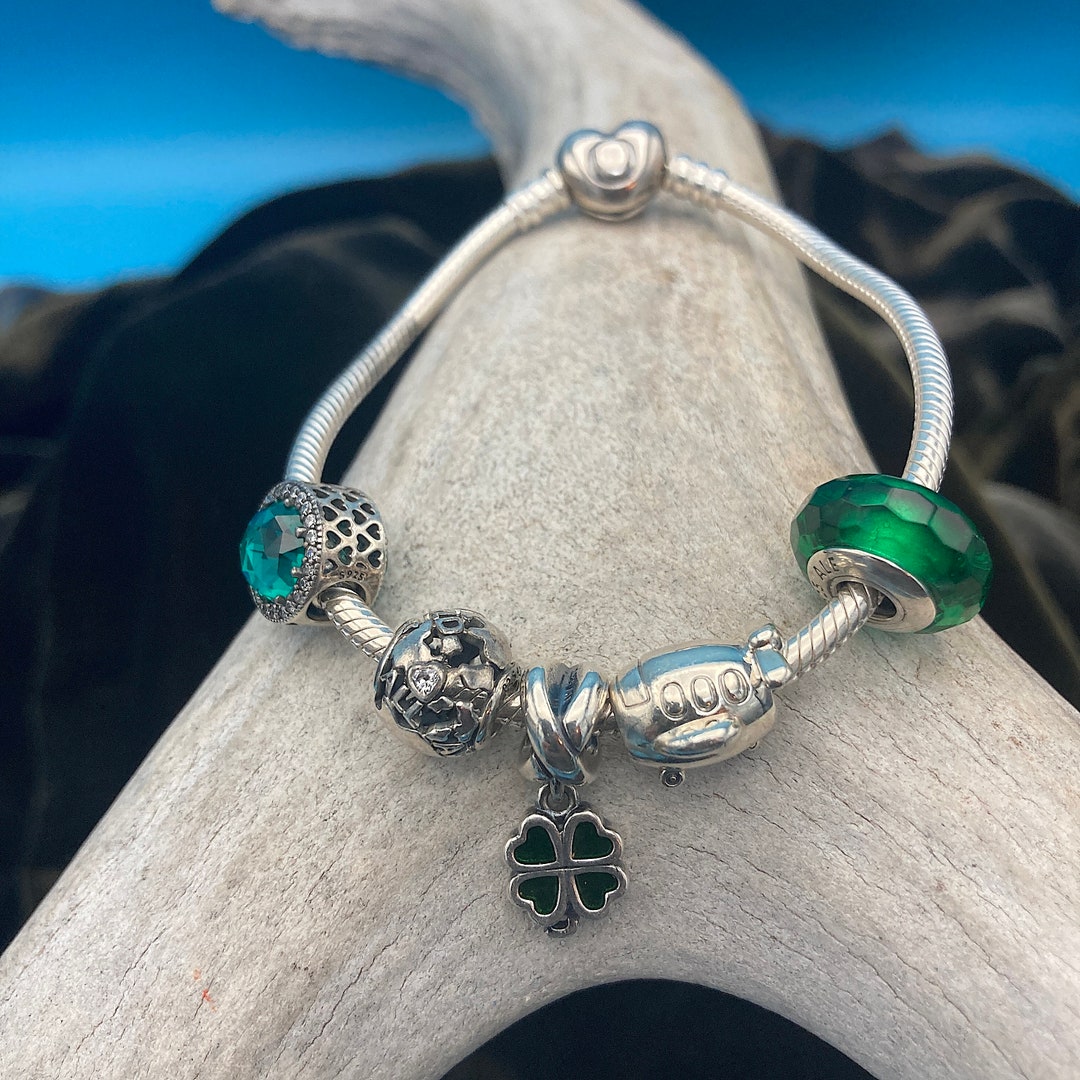 Pandora Sterling Silver Charm Bracelet: Clover, Airplane, World