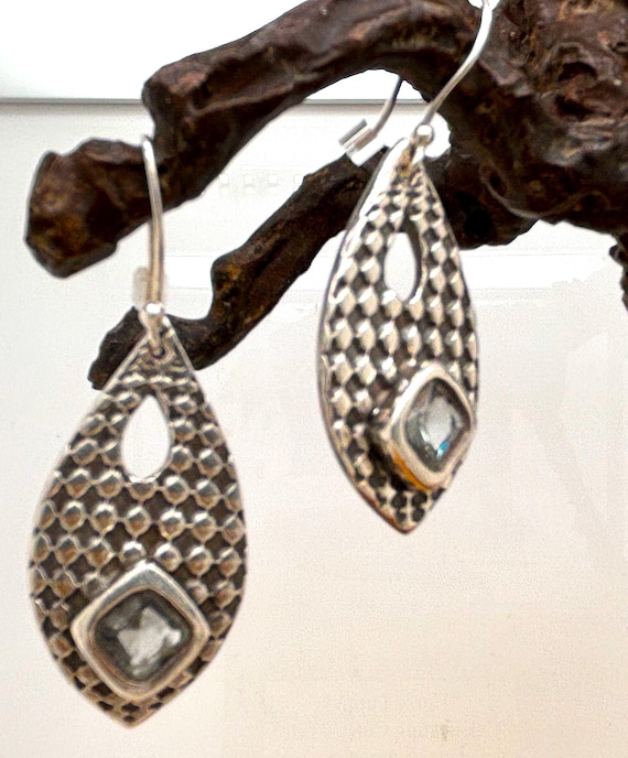 Modernist Solid Silver Dangle Earrings Blue-Green… - image 4