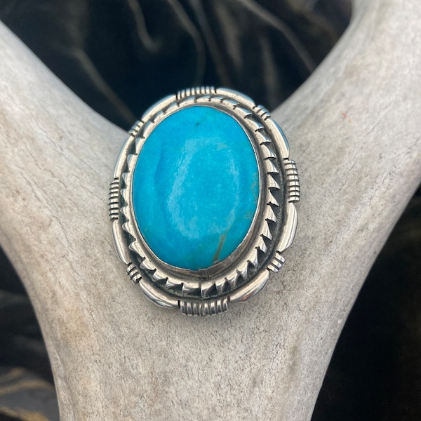 Turquoise and Sterling Oval Pendant/Brooch by Joseph & Matilda Rosetta~Large Turquoise Cabochon~Fancy Silver Bezel Setting~Vintage Navajo