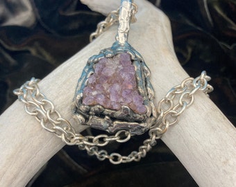 Brutalist Amethyst Crystal Sterling DANSK SMYKKEKUNST Plated Pendant - Heavy 28" Chain Mark DS Made in Denmark Mid-century 1970s~Gift Box