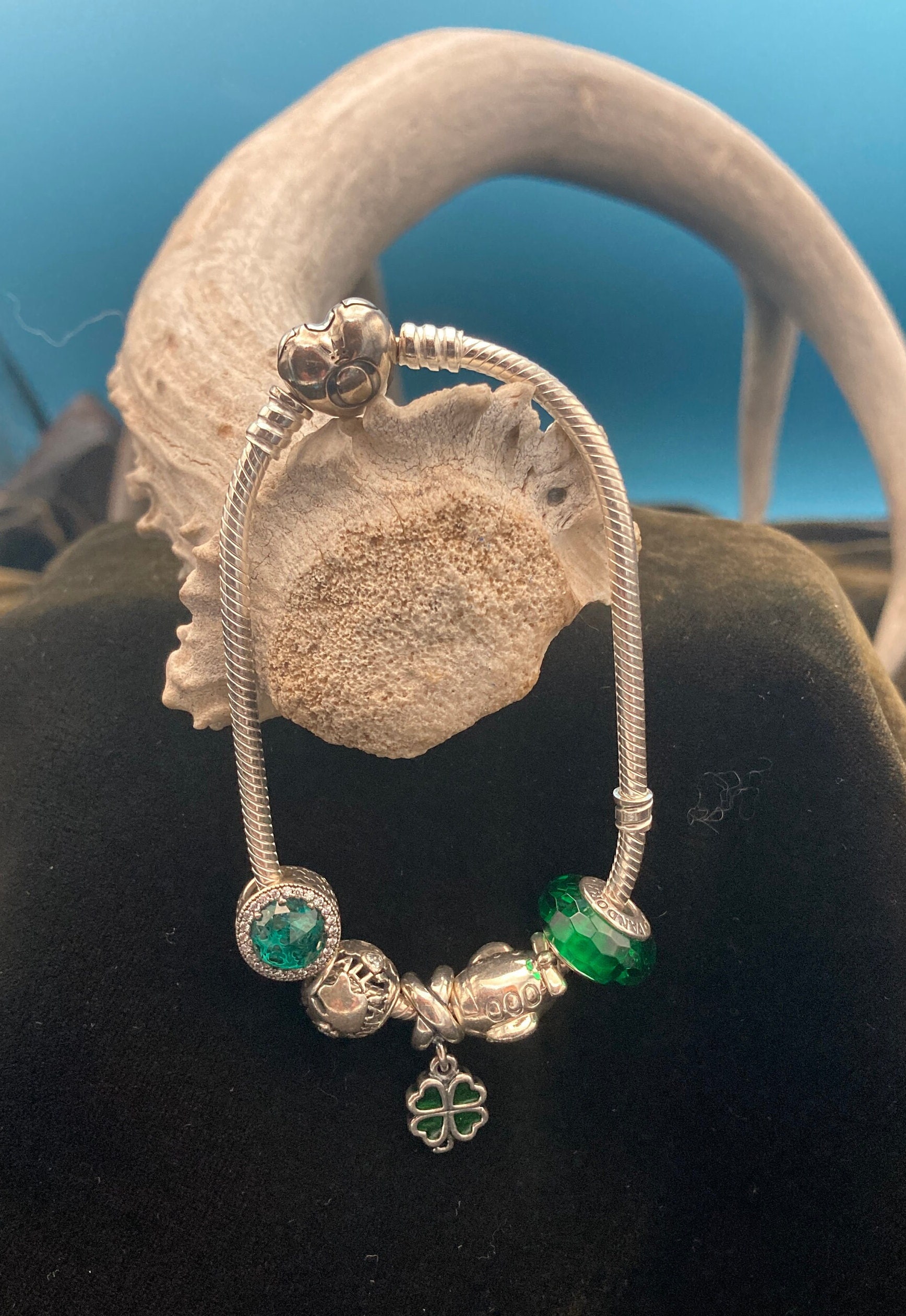 【英国ビンテージ】パラゴン★Valentine★C/S Pandora Bracelet~four Leaf Clover~airplane~world~radiant