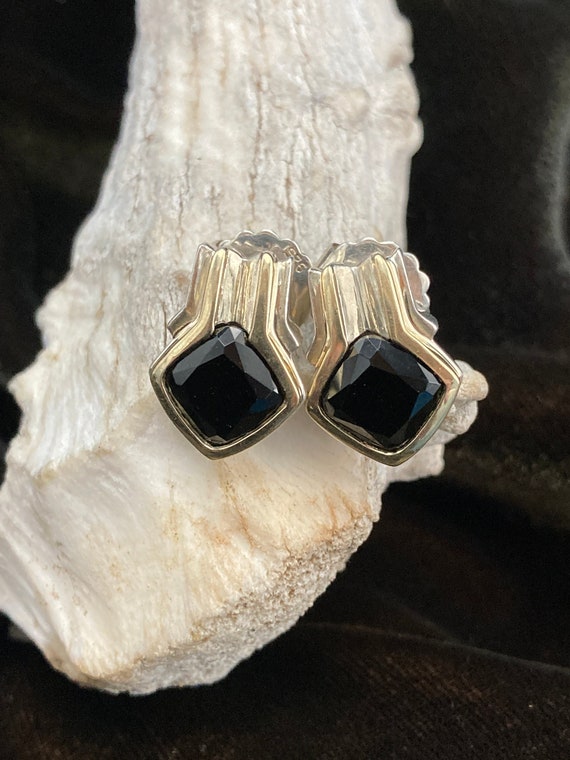 Sterling Silver and 18K Gold Faceted Onyx Stud Ea… - image 1