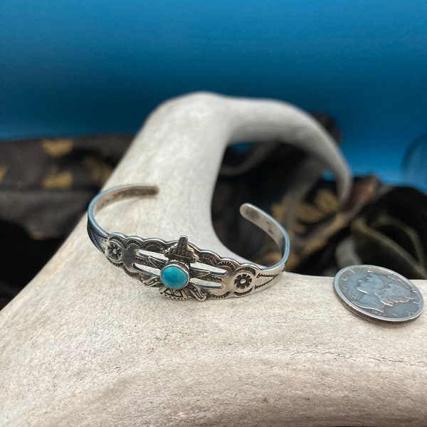 Fred Harvey Childs Silver & Turquoise Bracelet~Corn Symbol Appliqué~Stampwork~Blue Turquoise~Sterling Child Age 3 to 6+/Collectors Item.