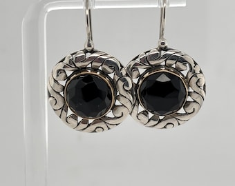 Onyx & 14K Gold Bezel, Sterling Silver Filigree Earrings French Wire~YA Israel 925 14k