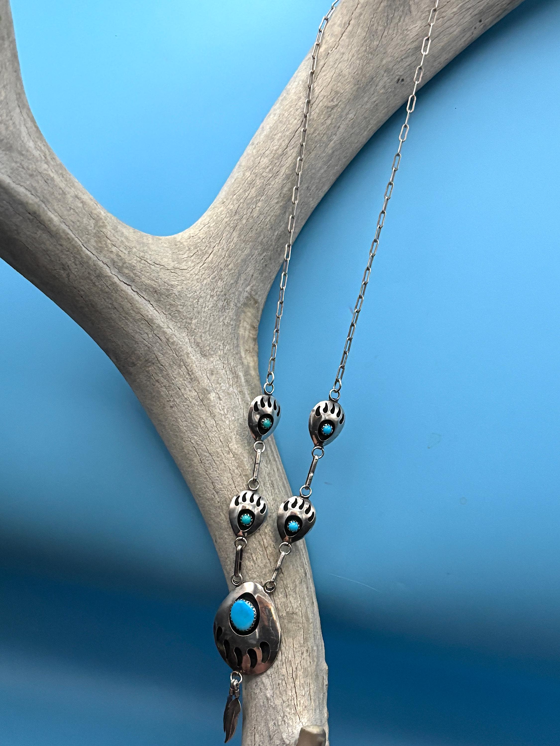 Sterling Silver & Turquoise Bear Paw Shadowbox Pendant Necklace With ...