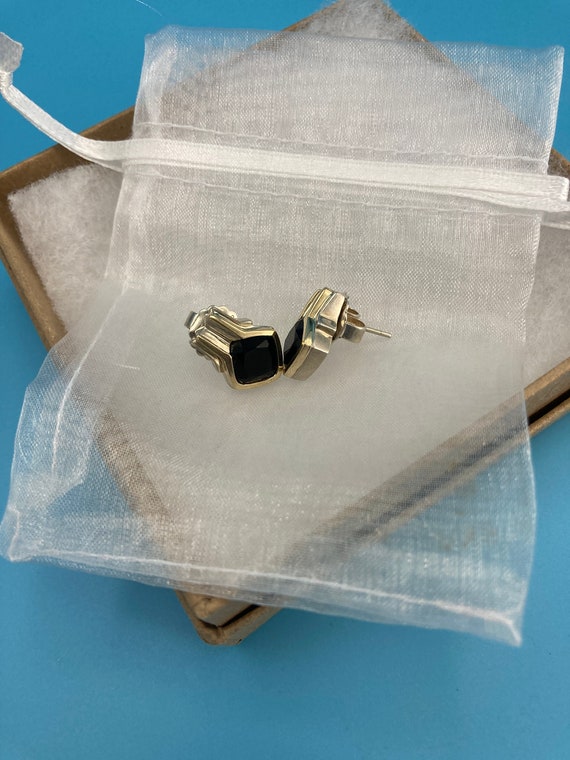 Sterling Silver and 18K Gold Faceted Onyx Stud Ea… - image 9