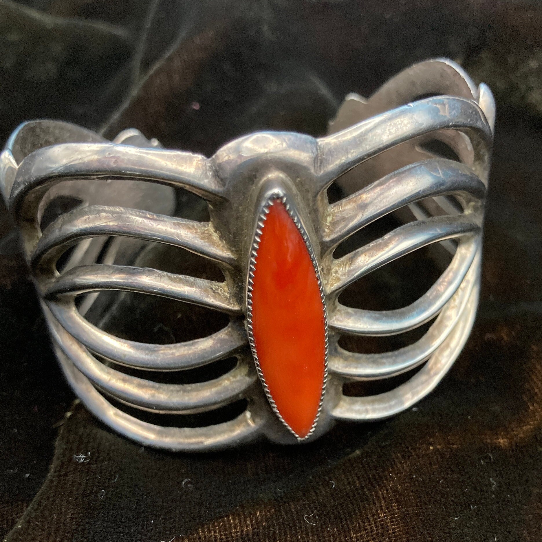 Vintage Navajo Ingot Silver Sandcast Bracelet With Red Coral