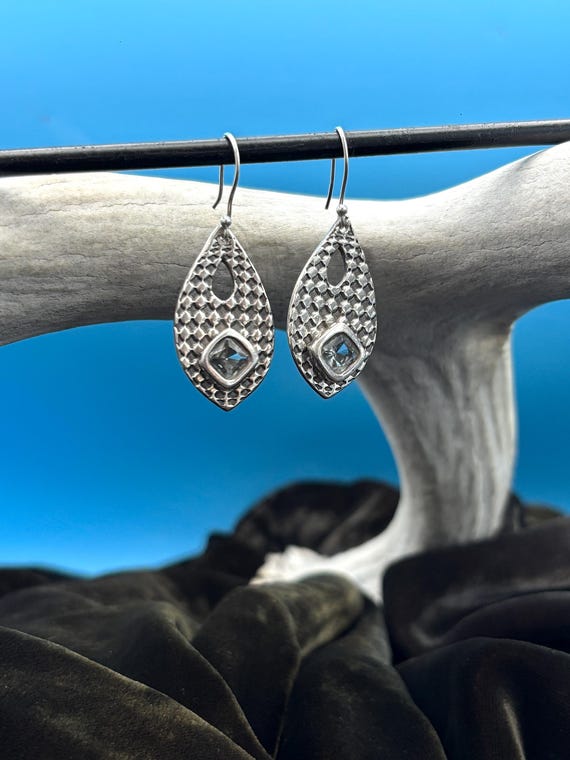 Modernist Solid Silver Dangle Earrings Blue-Green… - image 1