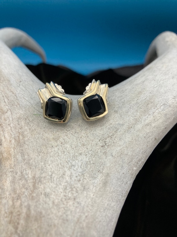 Sterling Silver and 18K Gold Faceted Onyx Stud Ea… - image 2