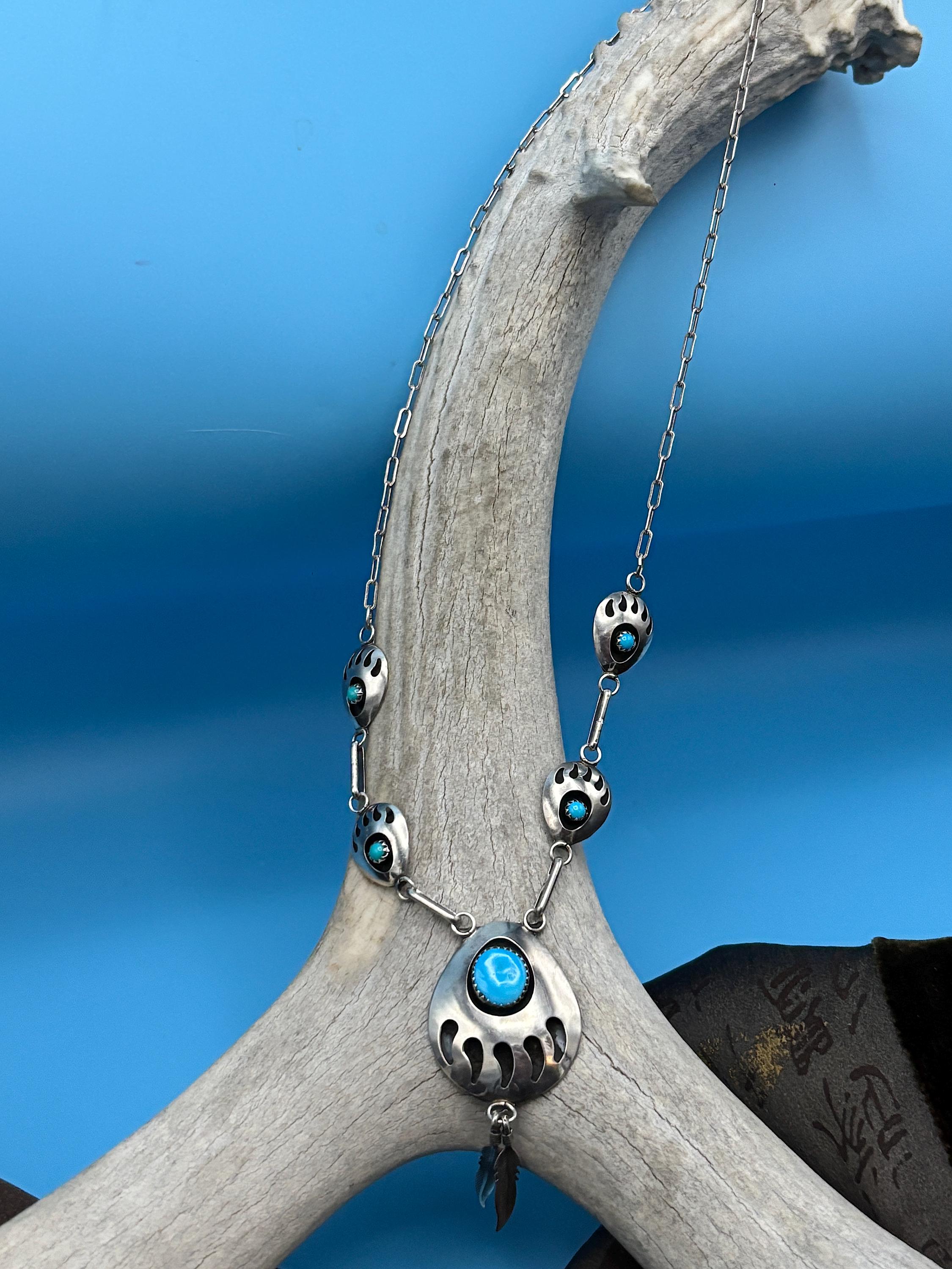 Sterling Silver & Turquoise Bear Paw Shadowbox Pendant Necklace With ...