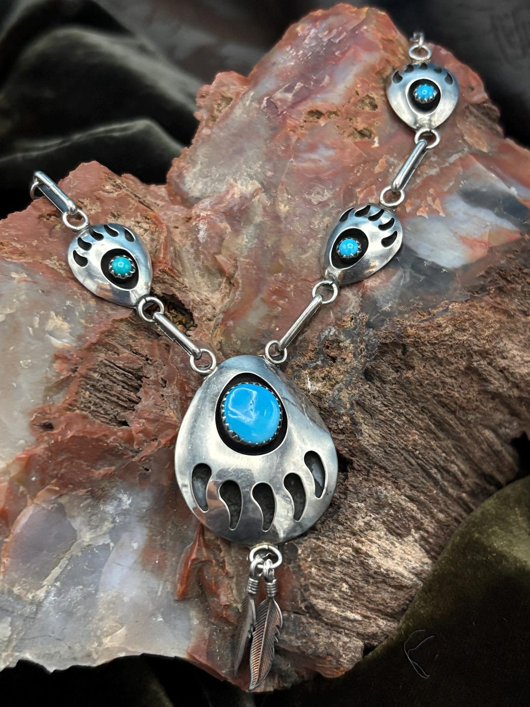 Sterling Silver & Turquoise Bear Paw Shadowbox Pendant Necklace With ...