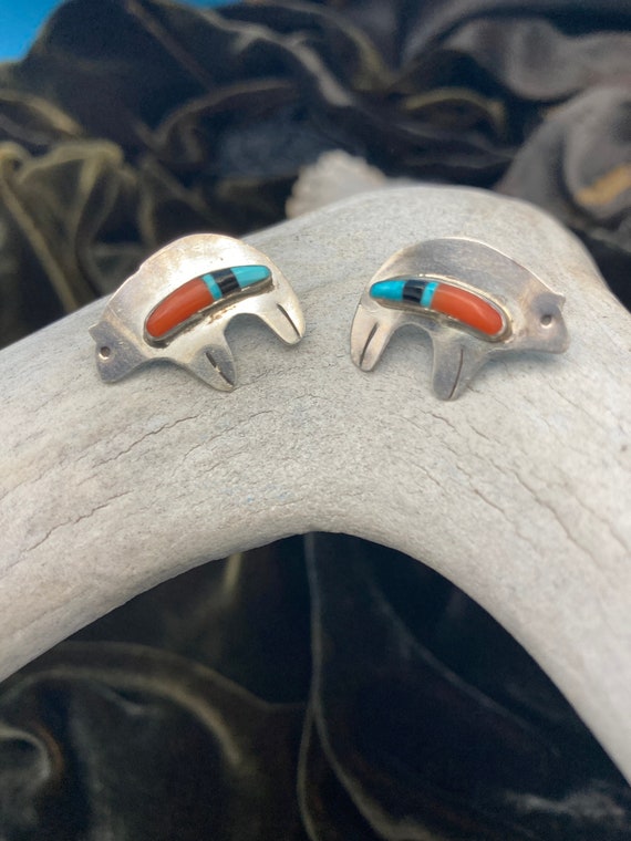 Silver, Turquoise, Coral and Onyx Inlay Spirit Be… - image 1