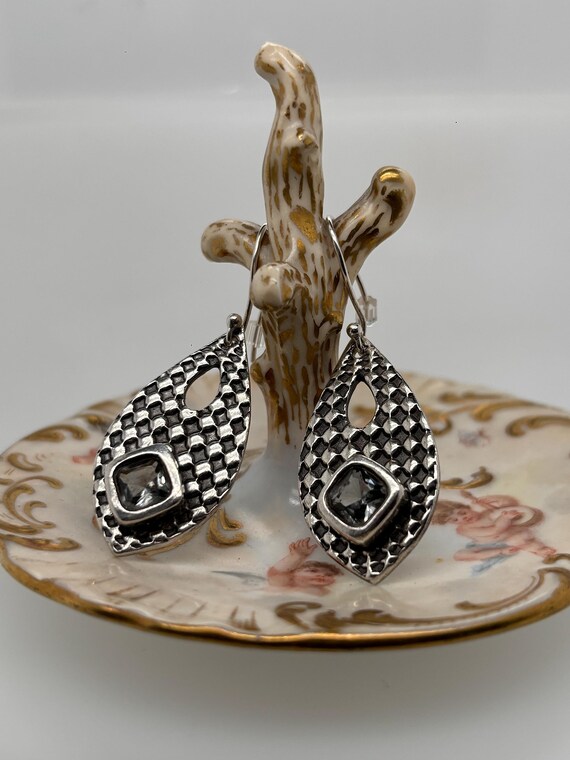 Modernist Solid Silver Dangle Earrings Blue-Green… - image 2