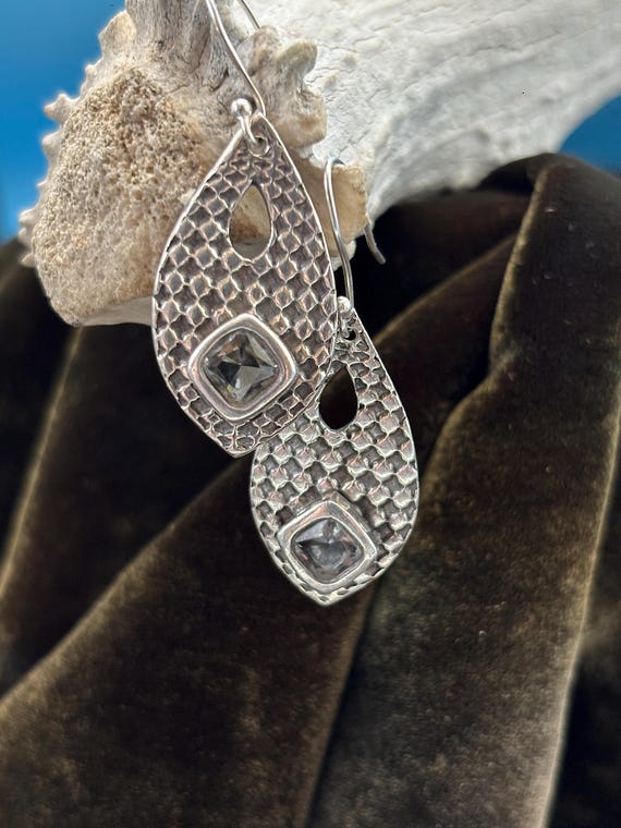 Modernist Solid Silver Dangle Earrings Blue-Green… - image 3