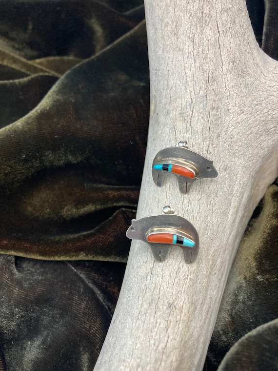 Silver, Turquoise, Coral and Onyx Inlay Spirit Be… - image 3