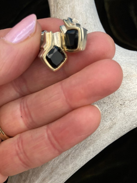 Sterling Silver and 18K Gold Faceted Onyx Stud Ea… - image 3