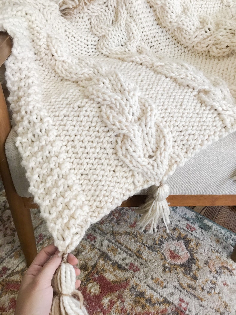 Fringe Cable Throw Blanket Knitting Pattern for Beginners Etsy