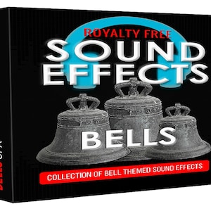 May include: Royalty Free Sound Effects Bells. A collection of bell themed sound effects. The image shows three large, old, metal bells with a black background.