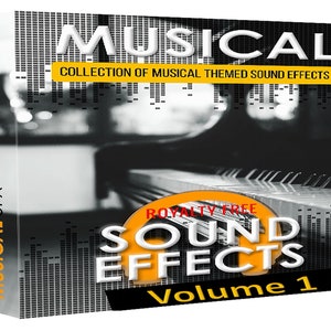 Puede incluir: Una imagen en blanco y negro de un teclado de piano con el texto "MUSICAL SOUND EFFECTS Volume 1" en amarillo y naranja. El texto "ROYALTY FREE" también está en amarillo y naranja.