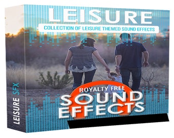 May include: A box with a blue and white pattern on the front. The box has the text "Leisure" in large white letters and the text "Collection of Leisure Themed Sound Effects" in smaller white letters. The box also has the text "Royalty Free Sound Effects" in white letters on a red circle. The box has a picture of a family walking in a field at sunset.