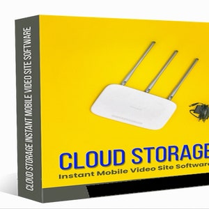 Op de afbeelding: Een gele doos met de tekst "CLOUD STORAGE Instant Mobile Video Site Software" op de voorkant. De doos toont een witte draadloze router met drie antennes op een gele achtergrond.