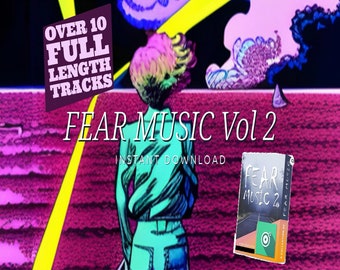 May include: A digital illustration of a person standing in front of a pink and blue ocean with a yellow lightning bolt. The text "FEAR MUSIC Vol 2" is in large white letters. The text "OVER 10 FULL LENGTH TRACKS" is in a purple box. The text "INSTANT DOWNLOAD" is in white letters. A small image of a CD cover with the text "FEAR MUSIC 2" is in the lower right corner.