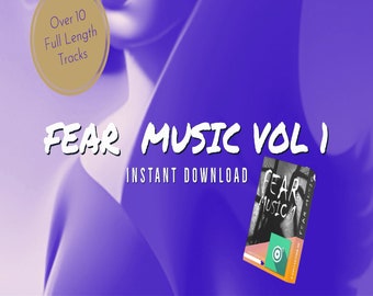 May include: A purple background with the text "FEAR MUSIC VOL I" in white. Below the text is the phrase "INSTANT DOWNLOAD" in white. A book cover with the text "FEAR MUSIC 1" in black and white is shown in the lower right corner of the image.
