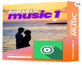 May include: A digital download cover featuring a couple silhouetted against a sunset over the ocean. The text "ROMANTIC music 1" is in large purple letters. The cover also features a green button with a white record player icon and the text "A COLLECTION OF romantic MUSIC".
