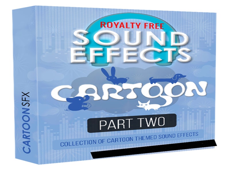 May include: A blue box with the words 'Royalty Free Sound Effects Cartoon Part Two Collection of Cartoon Themed Sound Effects' on it. The box has a cartoon image of a rabbit, a dog, a pig, and a cat on it.