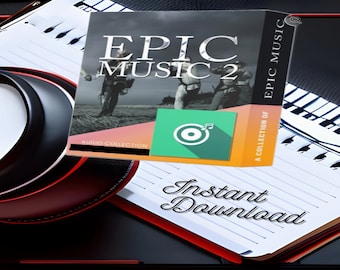 Può includere: Una scatola nera e arancione con il testo "EPIC MUSIC 2" e "A COLLECTION OF EPIC MUSIC" sul davanti. La scatola è appoggiata su un quaderno bianco con bordi rossi e neri. Il testo "Instant Download" è scritto in corsivo sul quaderno.