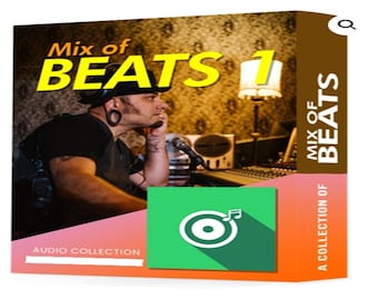May include: A brown box with the text "Mix of BEATS 1" in yellow letters. The box has a pink and orange gradient on the bottom and a green square with a white record and music note on the front. The text "AUDIO COLLECTION" is on the bottom left corner of the box. The text "MIX OF BEATS" is on the right side of the box in white letters on a brown background.