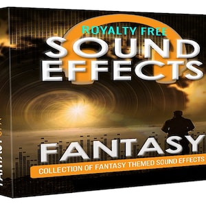 Puede incluir: Una caja con un tema de fantasía que presenta un vórtice de luz giratorio y una silueta de una persona de pie en una playa. La caja está etiquetada como "Royalty Free Sound Effects Fantasy Collection of Fantasy Themed Sound Effects".