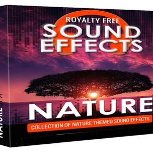 Puede incluir: Una caja con una escena de puesta de sol y una silueta de árbol. El texto en la caja dice "Royalty Free Sound Effects Nature Collection of Nature Themed Sound Effects".