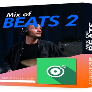 Może przedstawiać: Niebieskie i białe pudełko z tekstem "Mix of BEATS 2" na przodzie. Pudełko zawiera zdjęcie osoby grającej na perkusji i zieloną ikonę z płytą i nutą. Tekst "A COLLECTION OF MIX OF BEATS" znajduje się na boku pudełka.