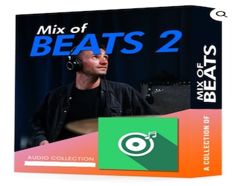 May include: A blue and white box with the text "Mix of BEATS 2" on the front. The box has a picture of a person playing drums and a green icon with a record and a music note. The text "A COLLECTION OF MIX OF BEATS" is on the side of the box.