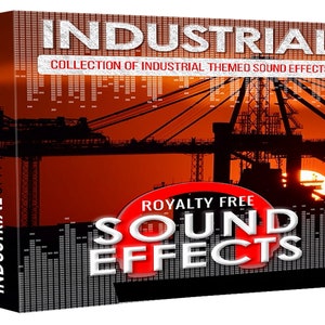 May include: A box with a red and black design featuring a silhouette of a crane against a sunset. The box is labeled "Industrial" and "Royalty Free Sound Effects".