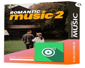 Può includere: Una scatola di prodotto con una coppia che cammina in un campo davanti a un edificio in legno. La scatola è arancione e verde con il testo "ROMANTIC music 2" e "A COLLECTION OF romantic MUSIC" su di essa. La scatola ha anche un'icona verde di un disco con una nota musicale su di essa.